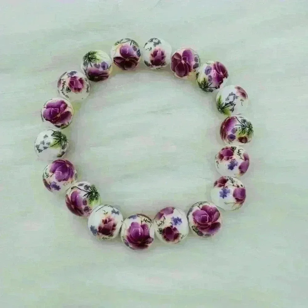 Chinese-Style Ceramic Purple Floral Beads Stretch Bracelet - Picture 2 of 6